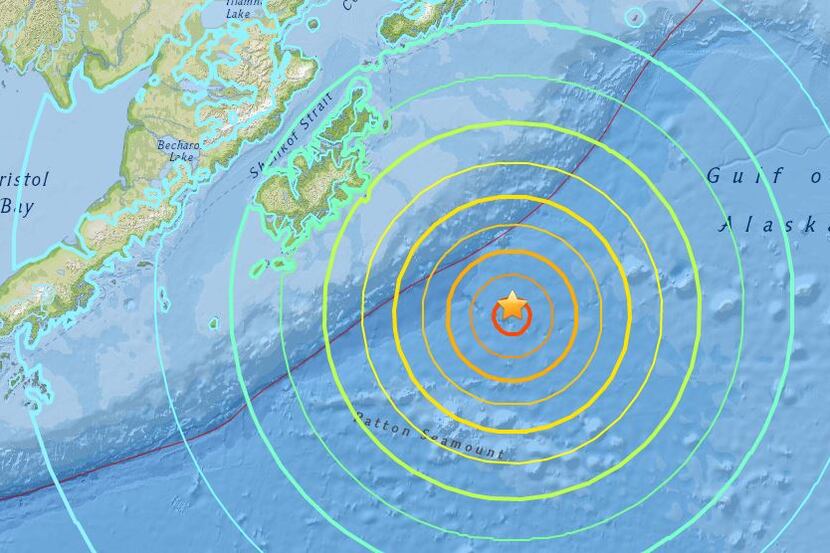 This USGS map shows the location of a 7.9 magnitude earthquake early Tuesday that prompted a...