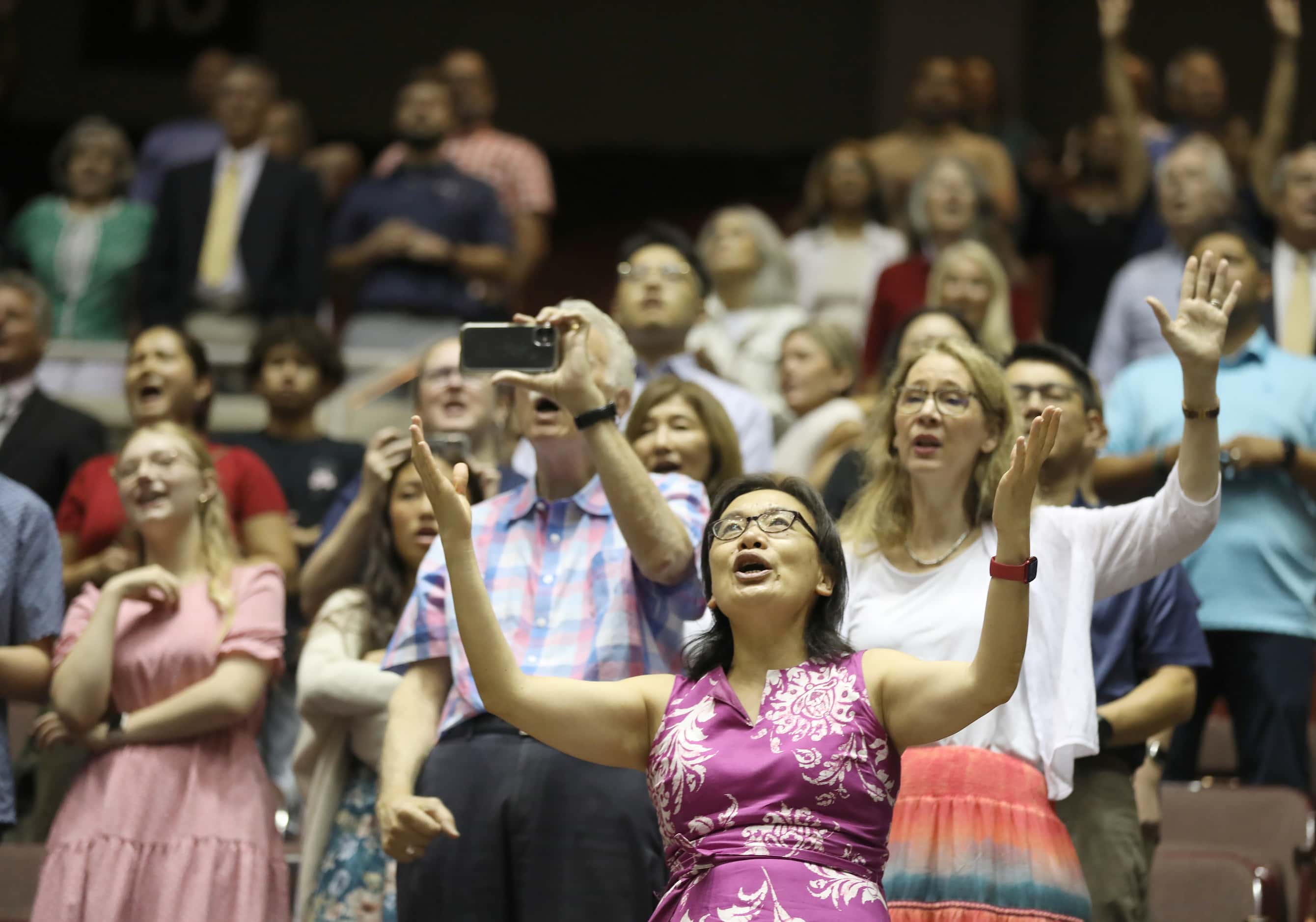 First Baptist Church members participate in Sunday service held at the Dallas Convention...