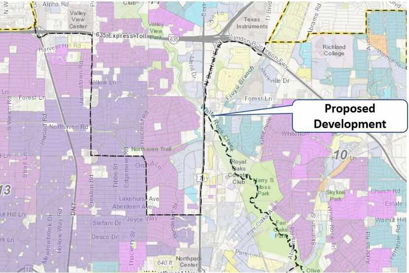 A map from a city of Dallas presentation shows the location of Cypress Creek at Forest Lane,...