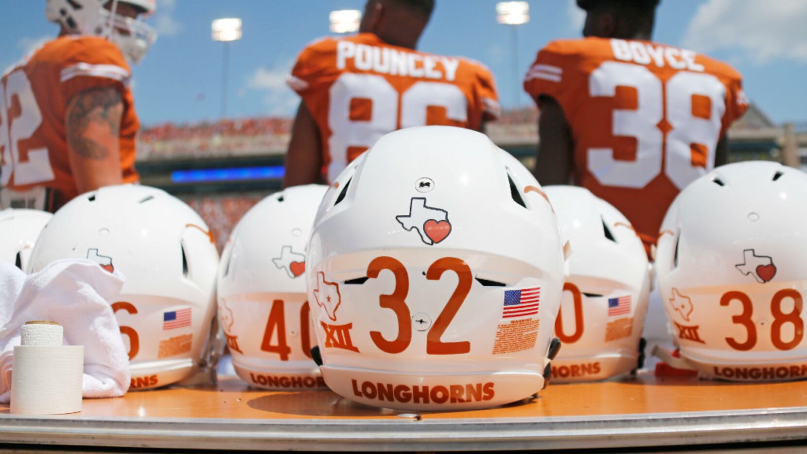 Every Texas Longhorns helmet sports a special decal showing support for the Houston area...
