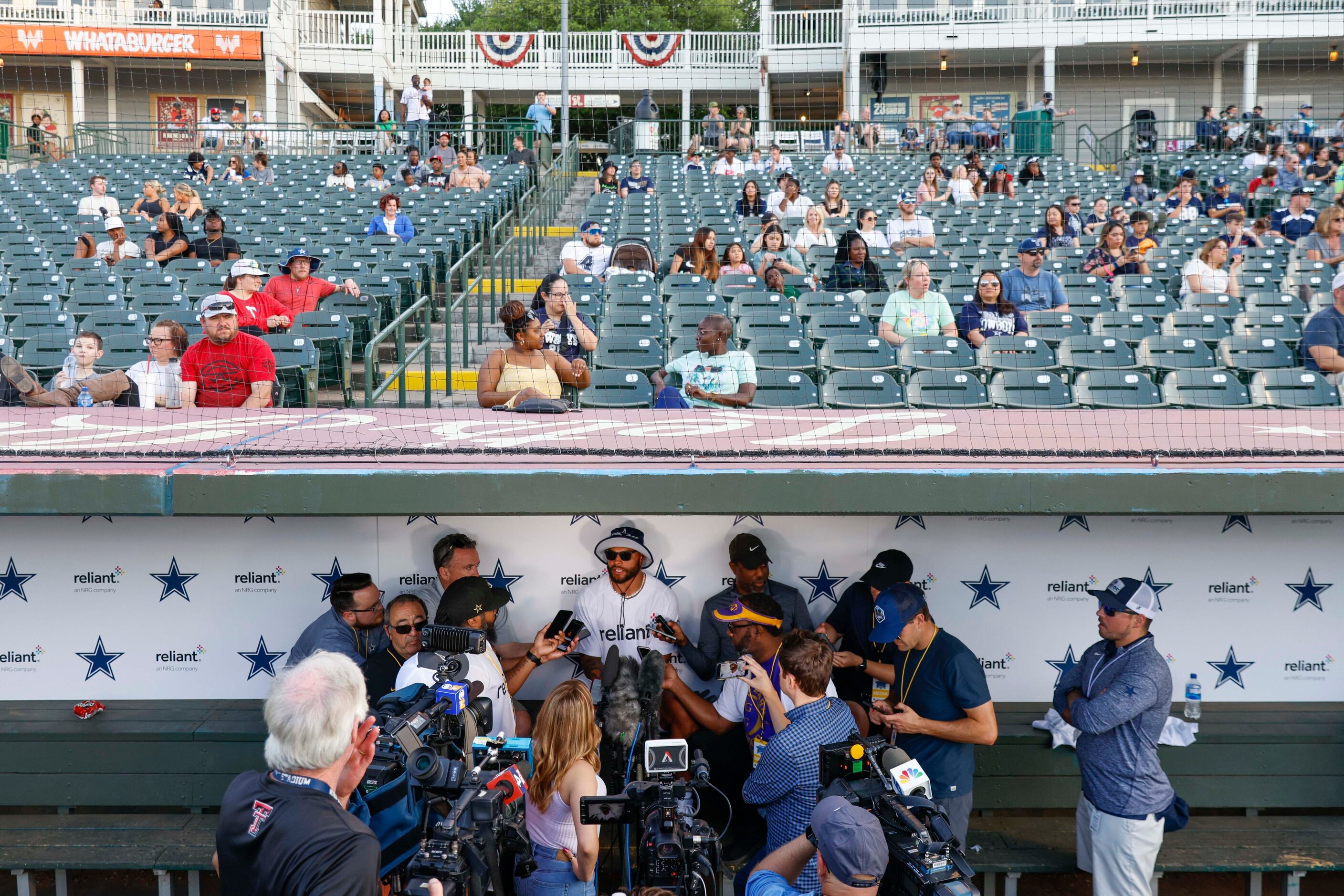 Dallas Cowboys QB Dak Prescott gives an interview to the press during the annual home run...