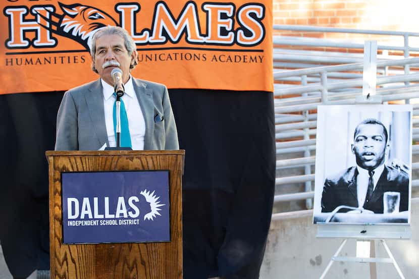 Dallas ISD Superintendent Michael Hinojosa speaks at a press conference at Oliver W. Holmes...