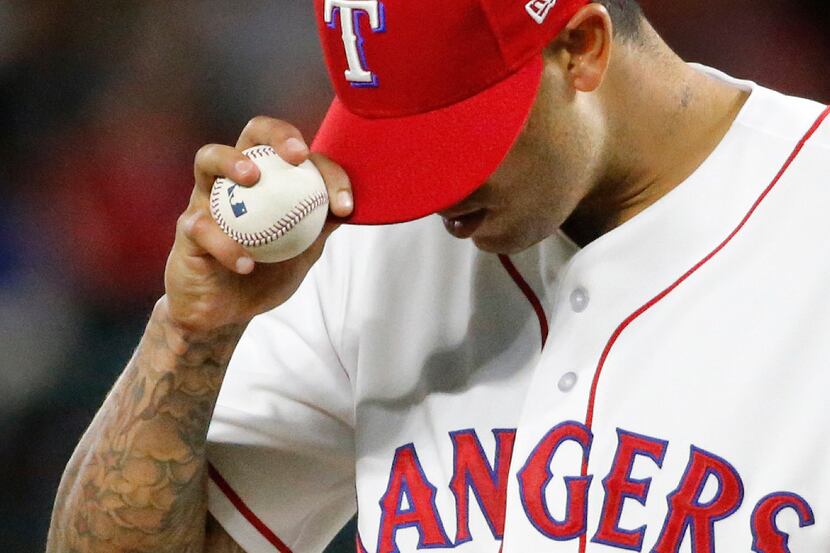 Texas Rangers relief pitcher Matt Bush (51) is pictured on the mound during the Houston...