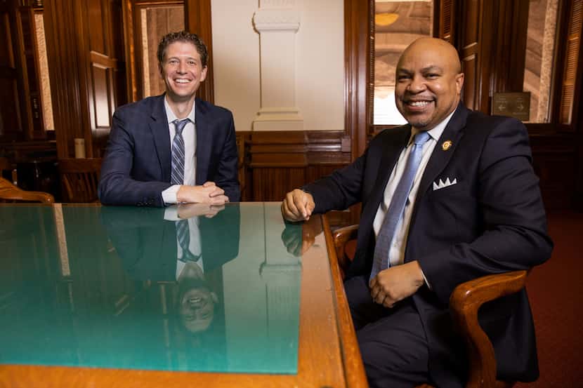 (From left) Rep. Matt Krause (R-Ft.Worth) and Carl Sherman (D-Desoto) pose for a photo at...