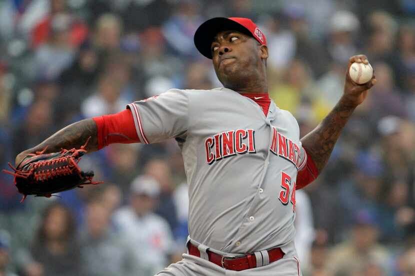 Cincinnati Reds closer Aroldis Chapman throws against the Chicago Cubs during the10th inning...