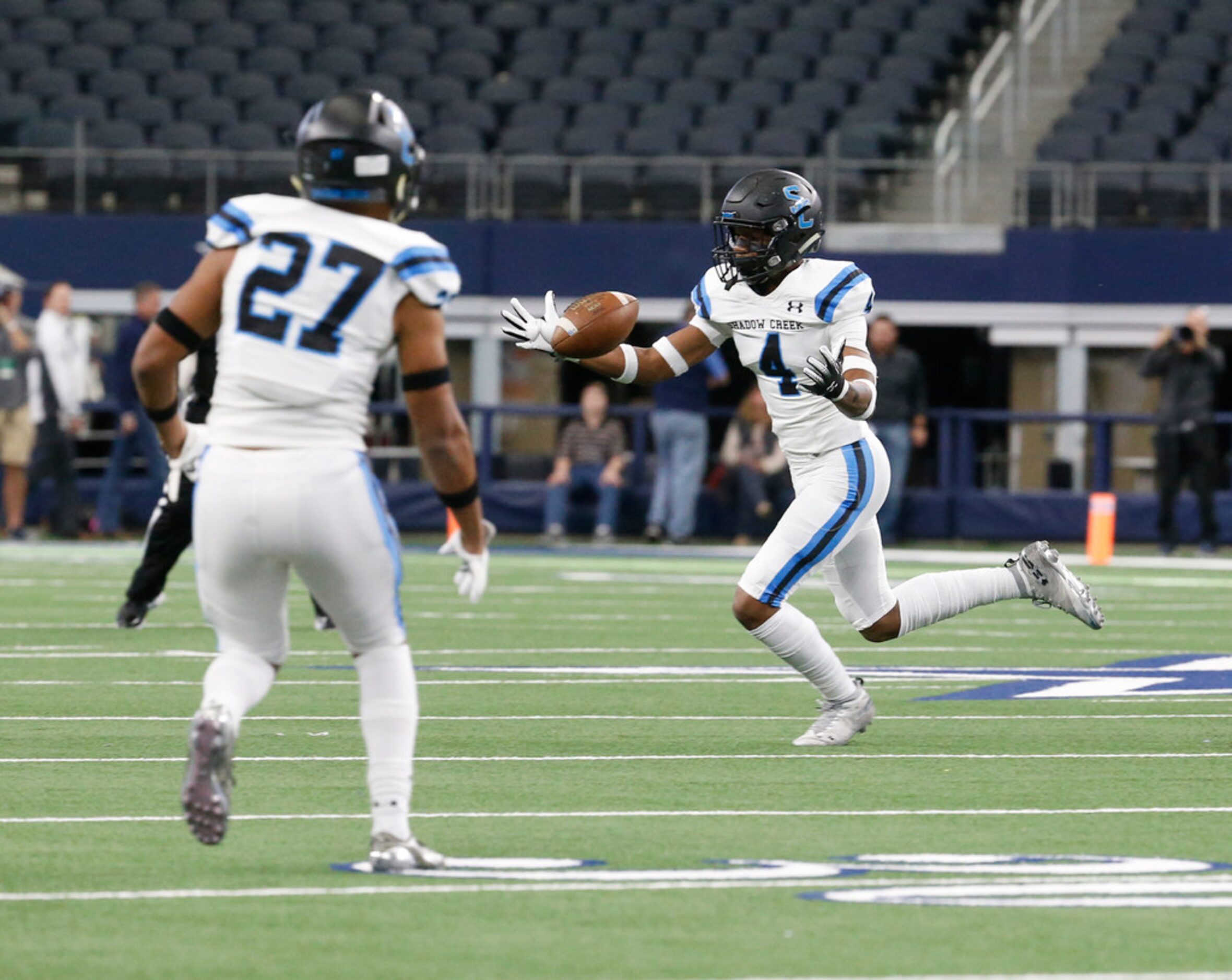 Shadow Creek's Xavion Alford (4) juggles the ball before making an interception against...