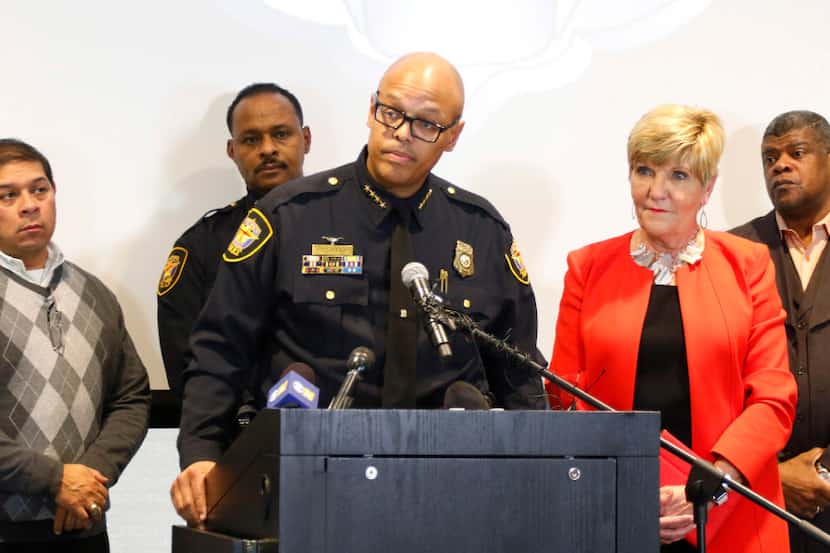 Fort Worth Police Chief Joel Fitzgerald speaks at a press conference to announce the...