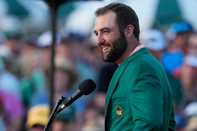 FILE - Scottie Scheffler speaks after winning the Masters golf tournament at Augusta...