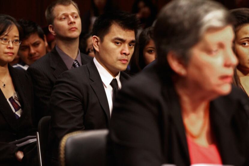 Pulitzer Prize-winning journalist and undocumented immigrant Jose Antonio Vargas sits behind...