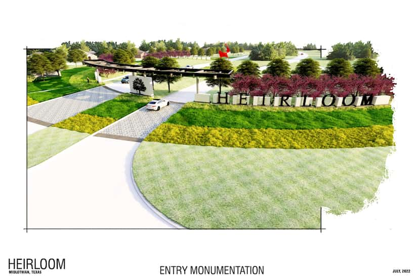 A drawing of the front entry of Heirloom, a proposed 3,200-plus home community in Ellis...