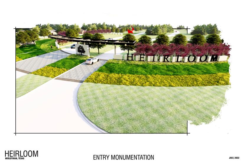 A drawing of the front entry of Heirloom, a proposed 3,200-plus home community in Ellis...