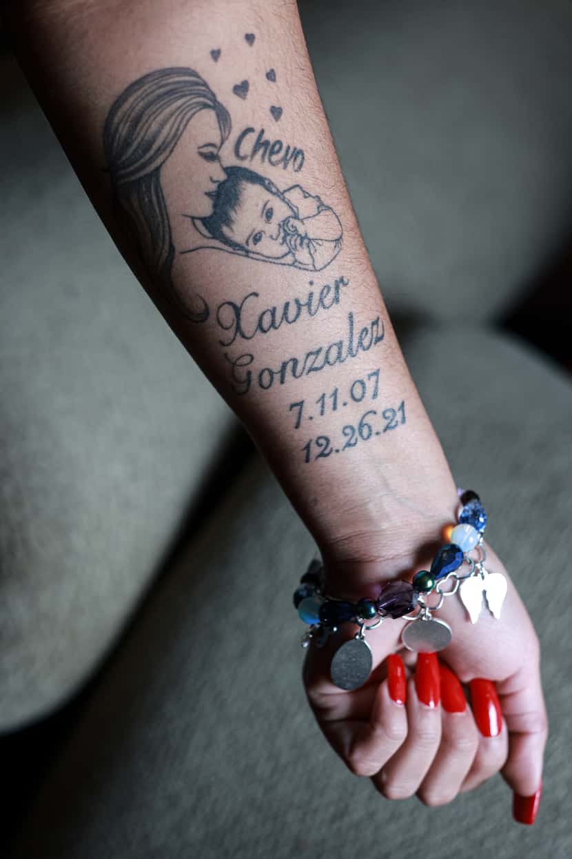 A tattoo on Lluneli Lopez, mother of Xavier Gonzalez, Monday, Dec. 19, 2022, in Garland....
