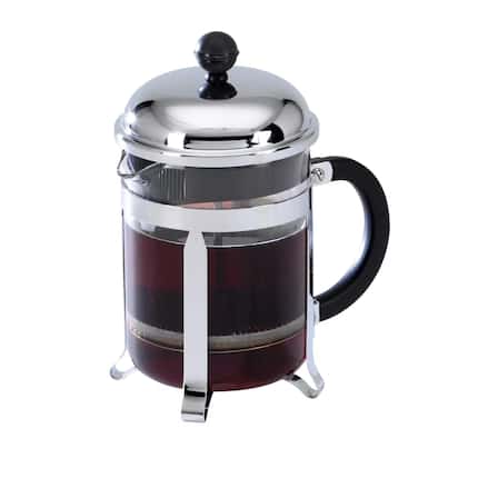 French press with stainless steel top and coffee in it