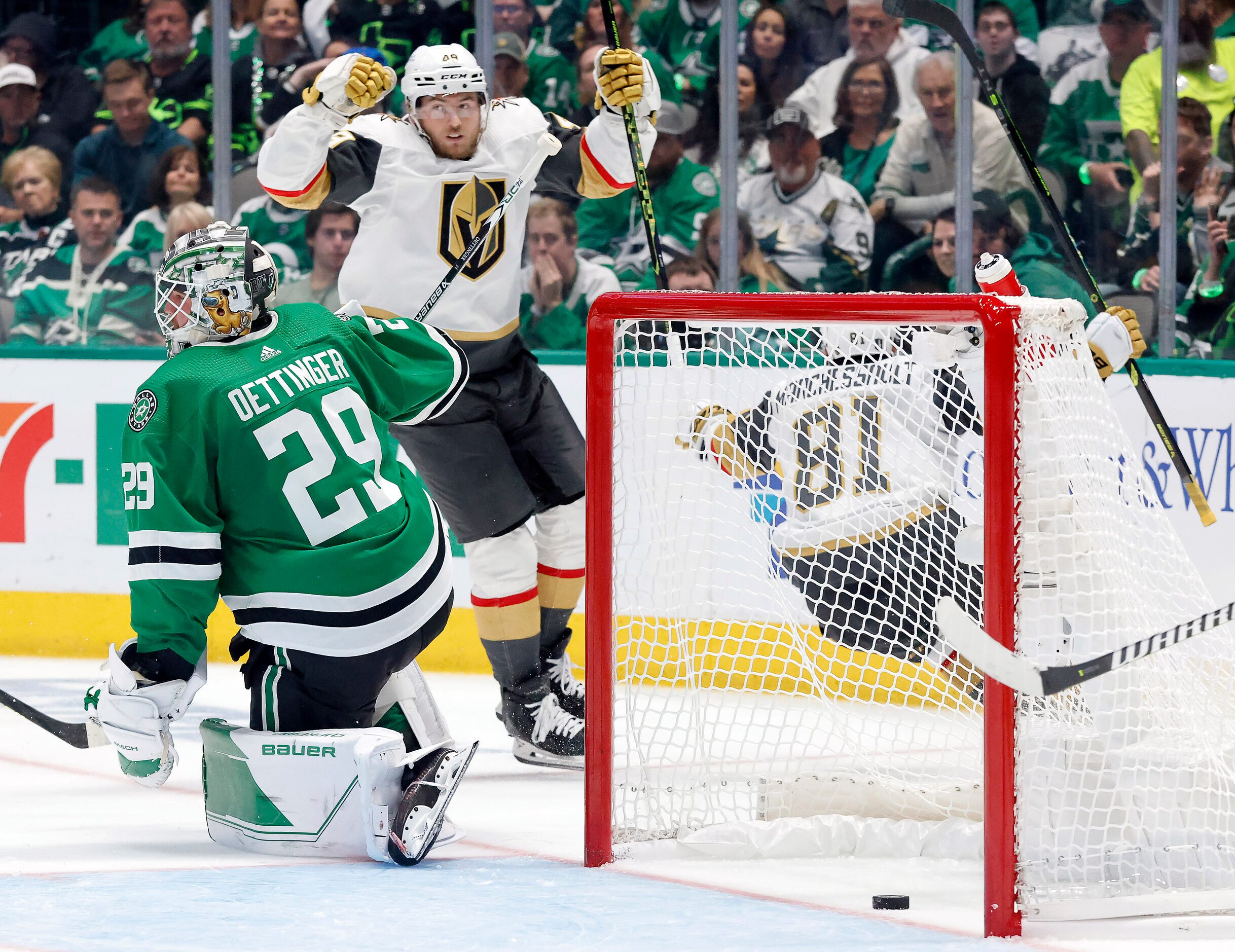 Vegas Golden Knights center Ivan Barbashev (49) celebrates a second period goal by Jonathan...