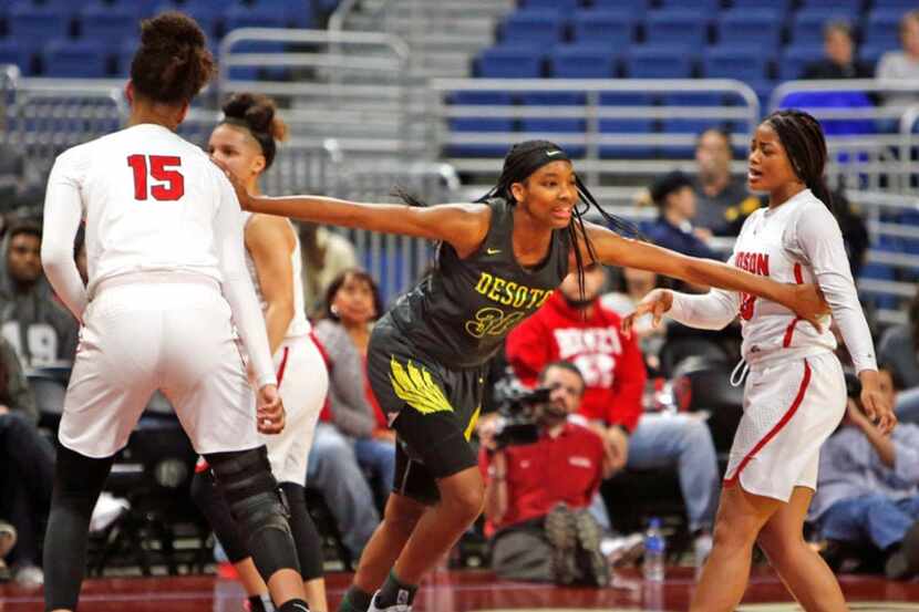 DeSoto's Sa'Myah Smith races back after scoring against Converse Judson in the 2019 Class 6A...