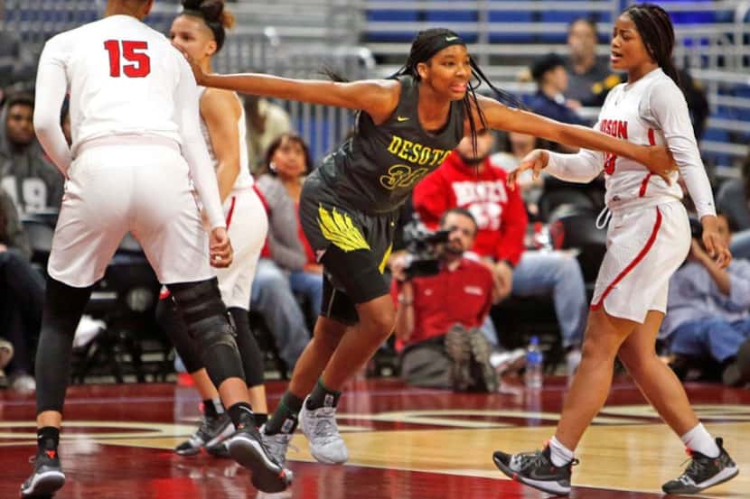 DeSoto's Sa'Myah Smith races back after scoring in a 49-46 loss to Converse Judson in last...