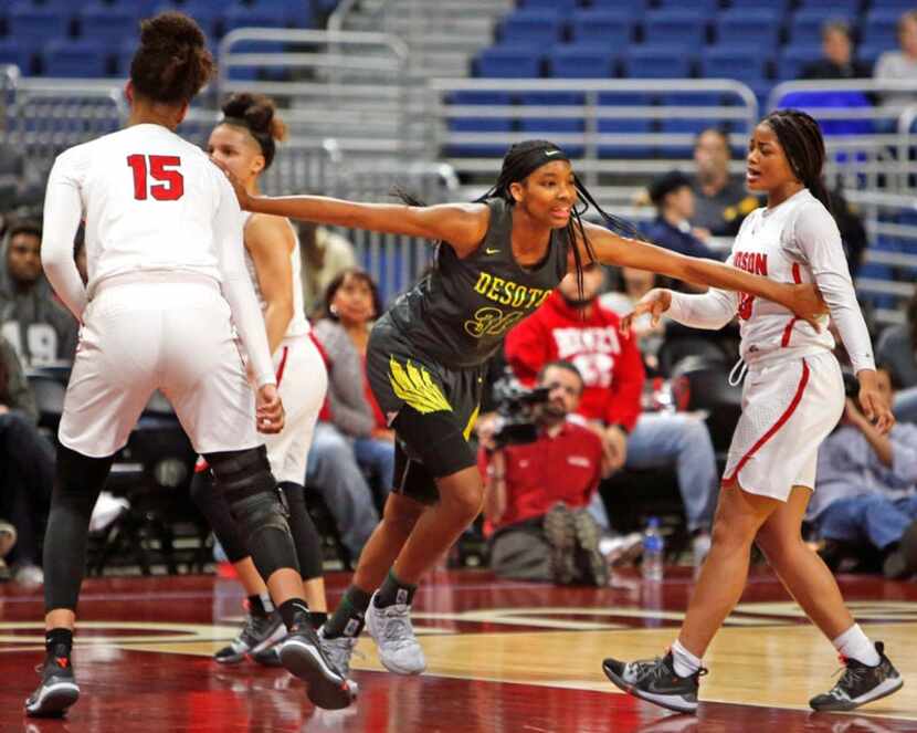 Desoto's Sa'Myah Smith races back after scoring against Judson. UIL girls basketball 6A...