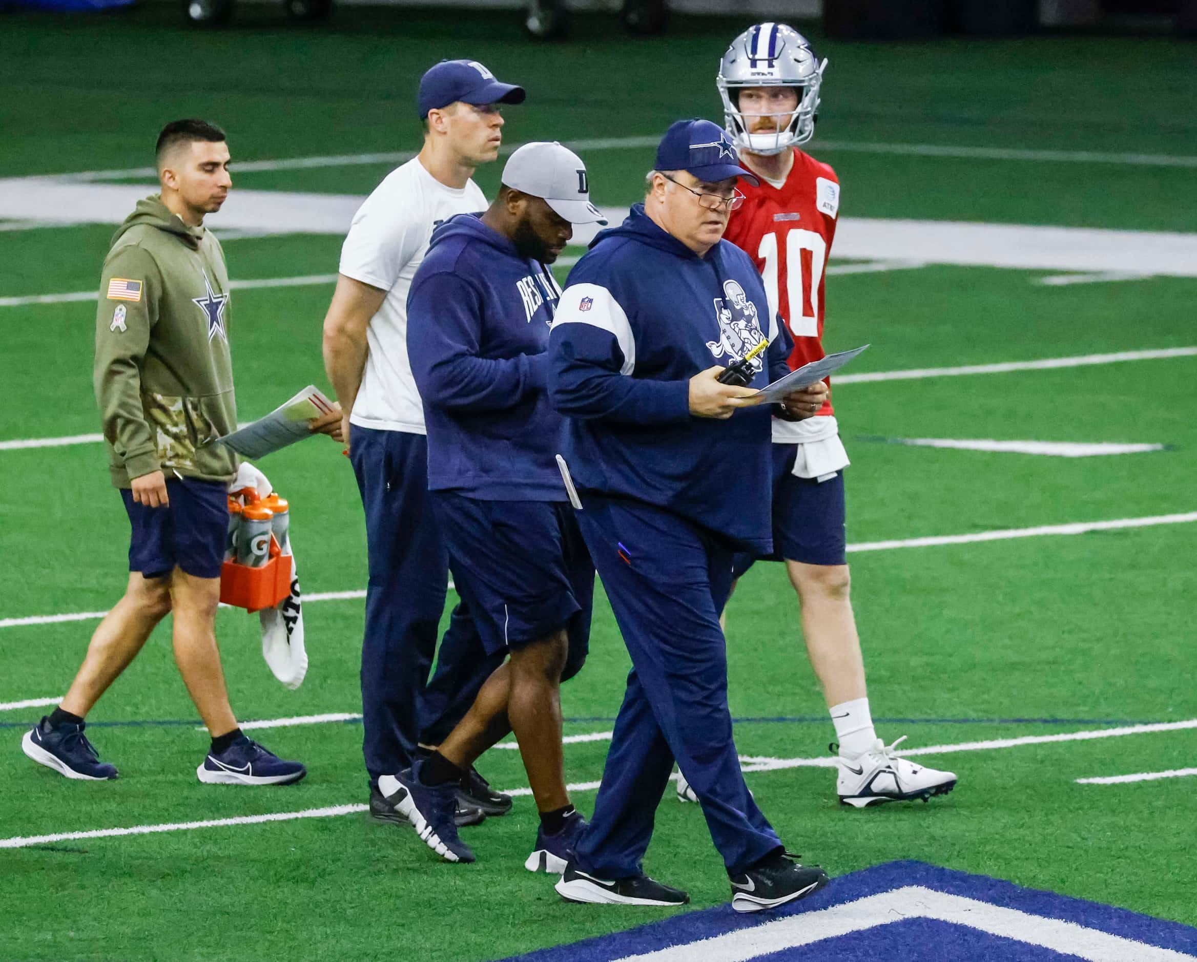 Dallas Cowboys head coach Mike McCarthy observes the OTA practice on Thursday, May 25, 2023...
