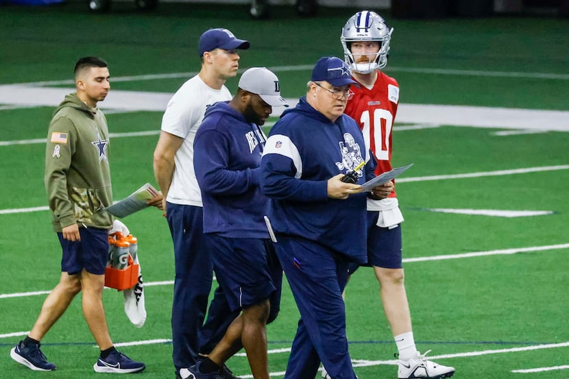 Dallas Cowboys head coach Mike McCarthy observes the OTA practice on Thursday, May 25, 2023...