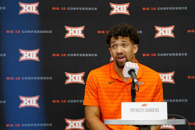 Oklahoma State quarterback Spencer Sanders speaks during a breakout session at the Big 12...