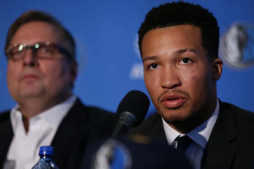 New Dallas Mavericks player Jalen Brunson speaks while introduced with Luka Doncic (not...