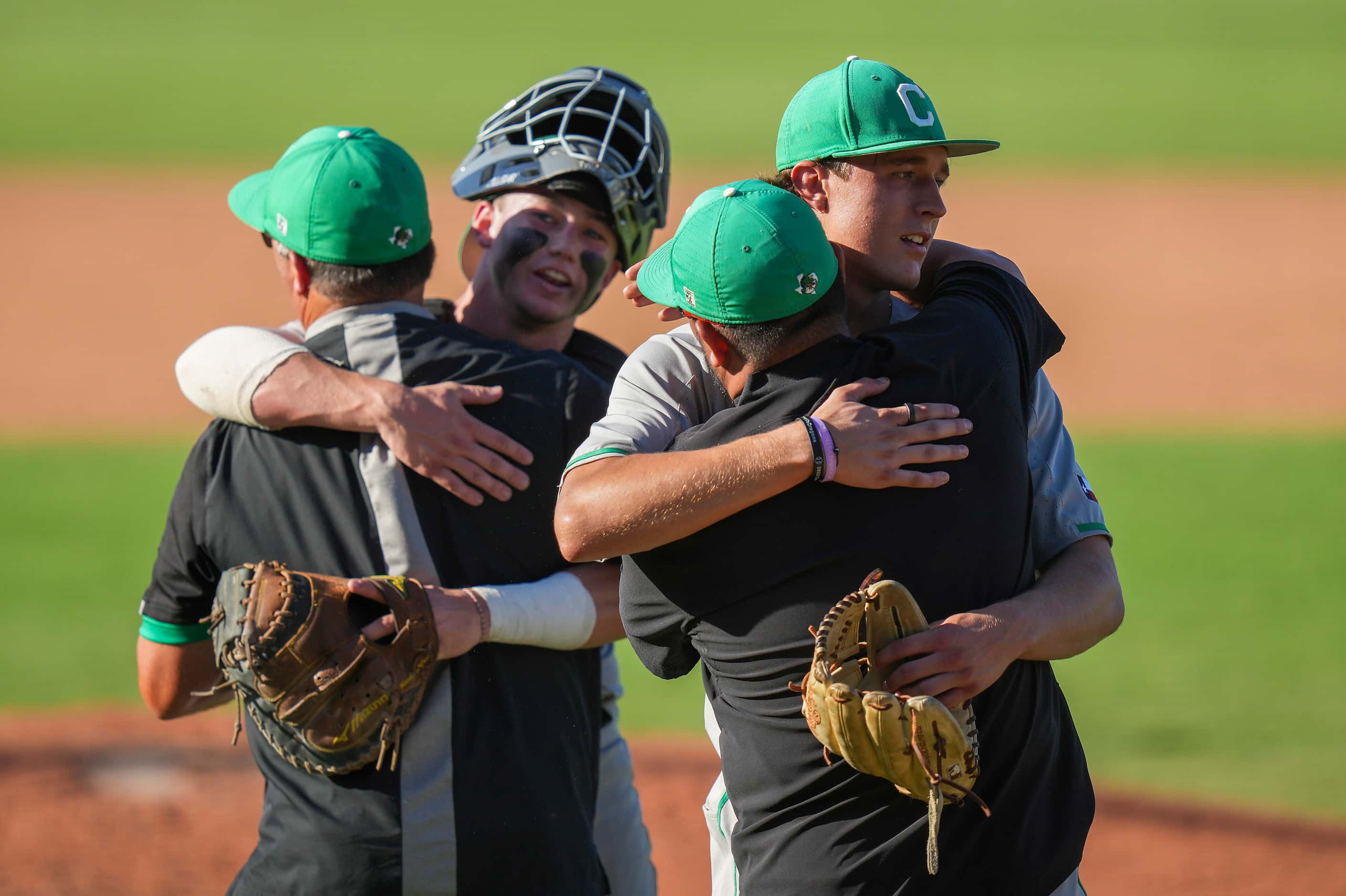 Southlake Carroll pitcher Griffin Herring (right) and catcher Clark Springs celebrate with...