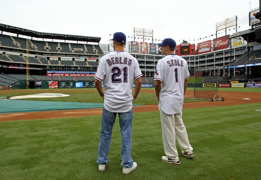 Texas draft signees Jake Skole (right) and Kellin Deglan check out the stadium before the...