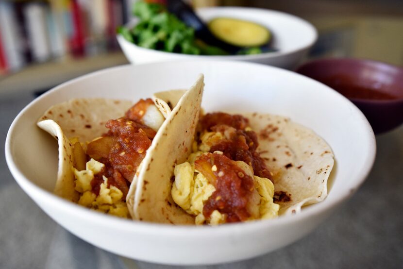 A dish of potato with egg served with chile pequin by chef Angela Hernandez.