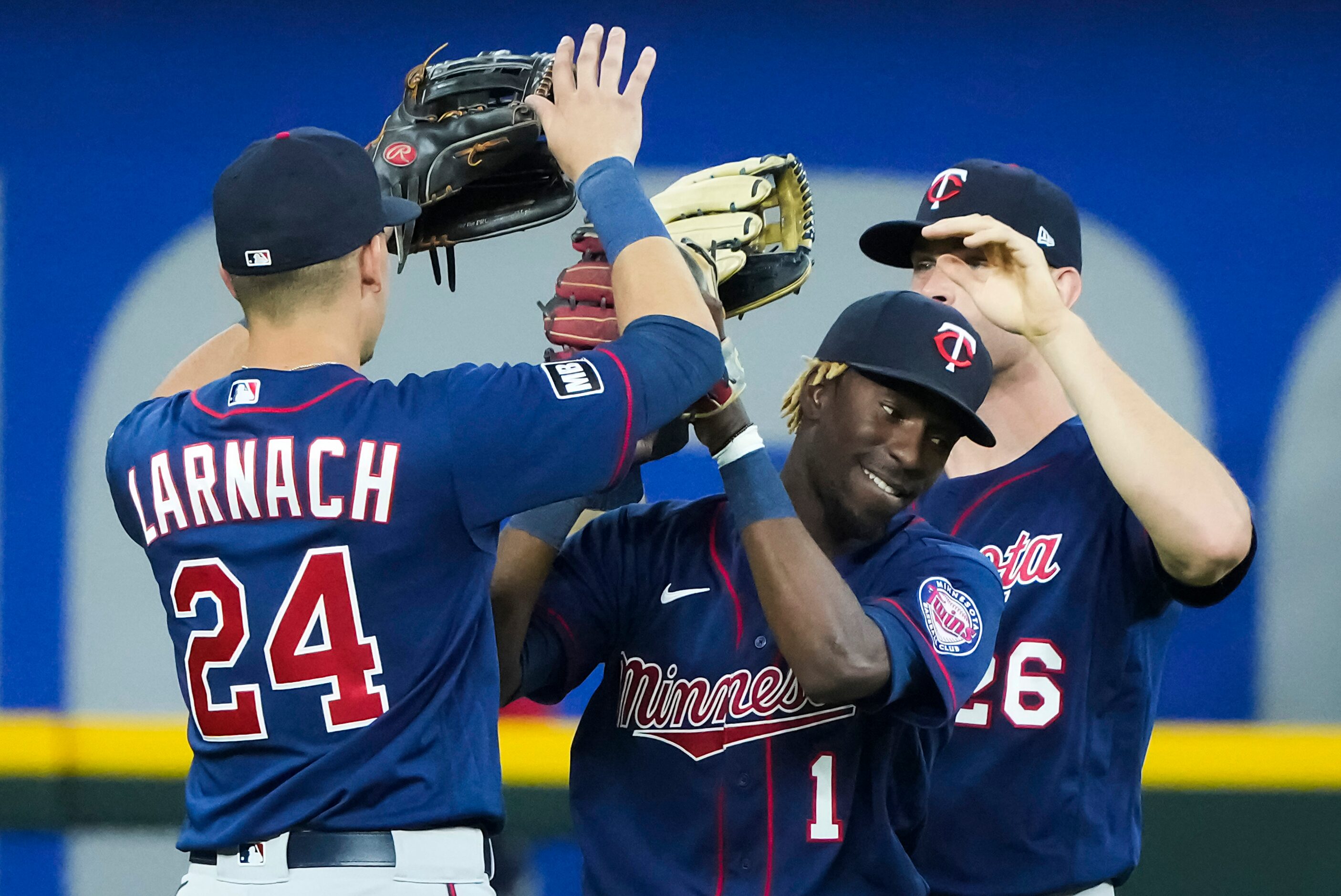 Minnesota Twins outfielders Nick Gordon (1), Trevor Larnach (24) and Max Kepler (26)...