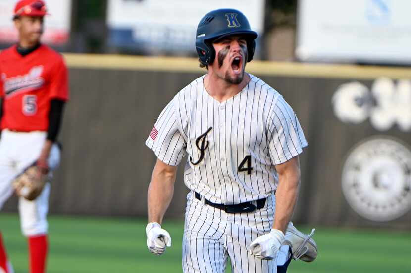 Keller’s Aiden Connors celebrate after his two-run home in the sixth inning during Game 1 of...