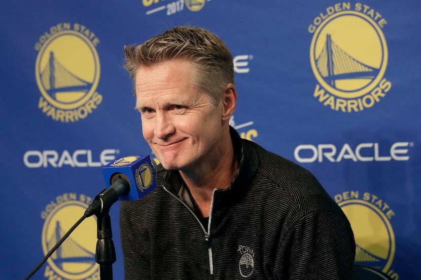 Golden State Warriors head coach Steve Kerr speaks at a news conference before an NBA...