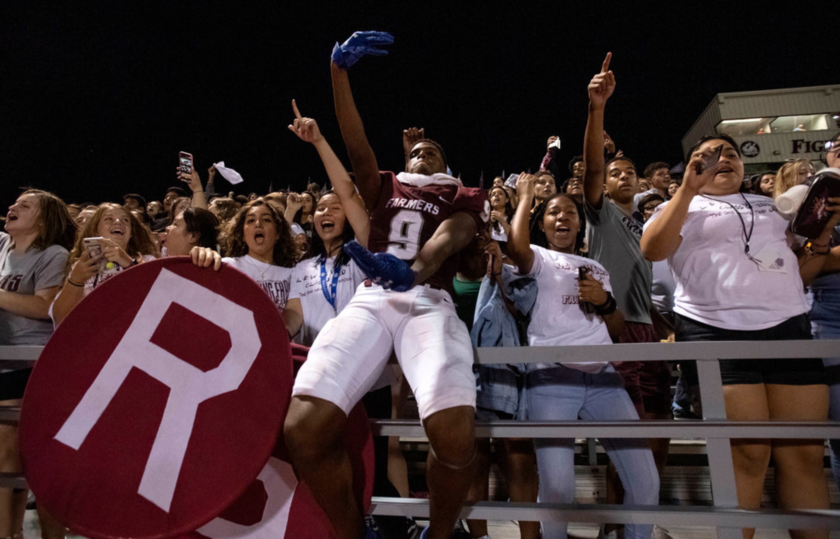 Lewisville sophomore wide receiver Armani Winfield (9) celebrates his team's 41-16 victory...