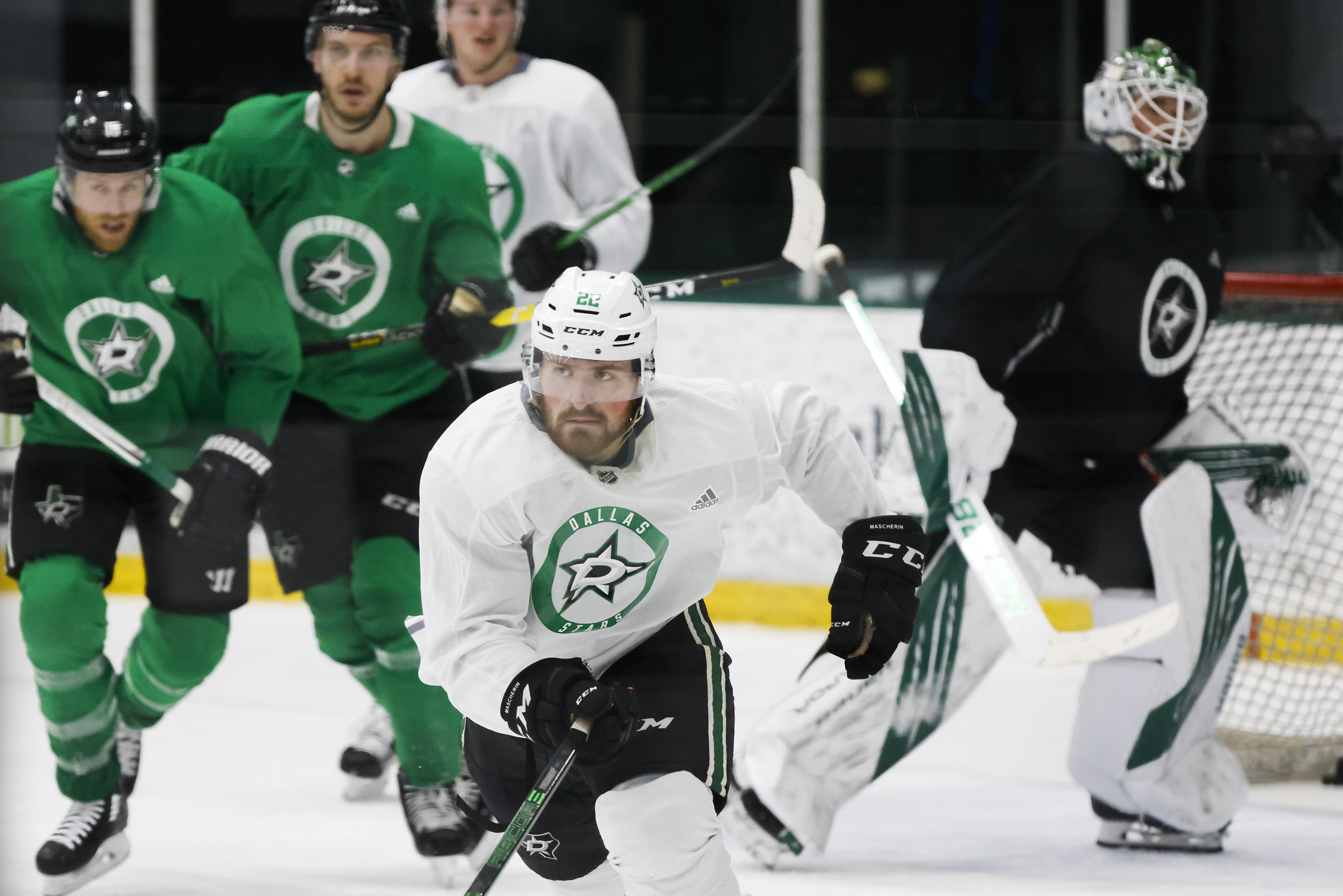 Dallas Stars left wing Adam Mascherin skates in a scrimmage dduring a training camp practice...