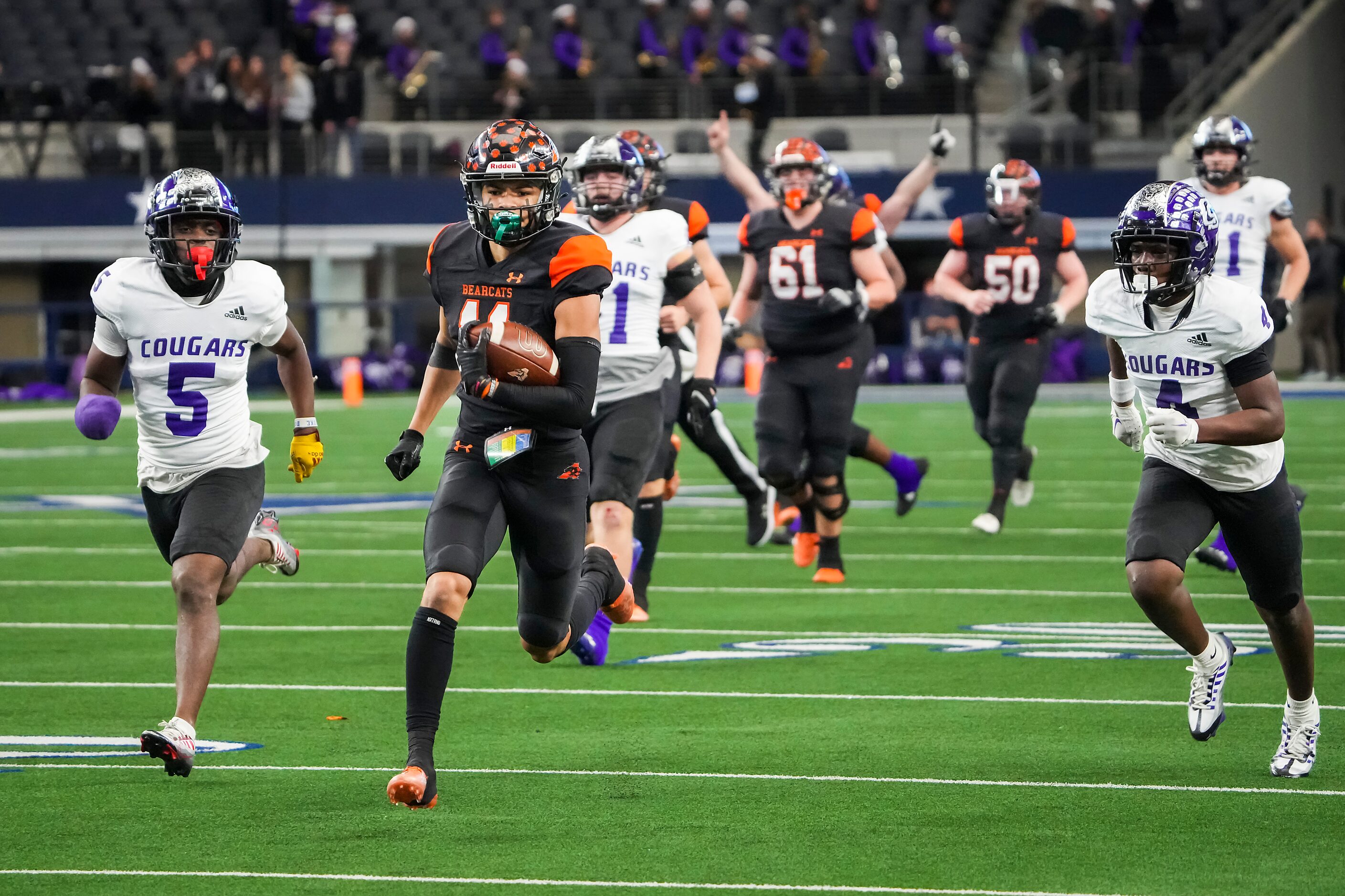 Aledo wide receiver Jalen Pope (11) breaks through the College Station defense on a 51-yard...