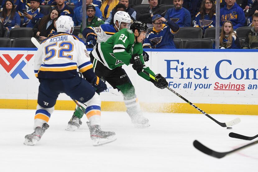 Dallas Stars' Jason Robertson (21) advances the puck during the first period of an NHL...