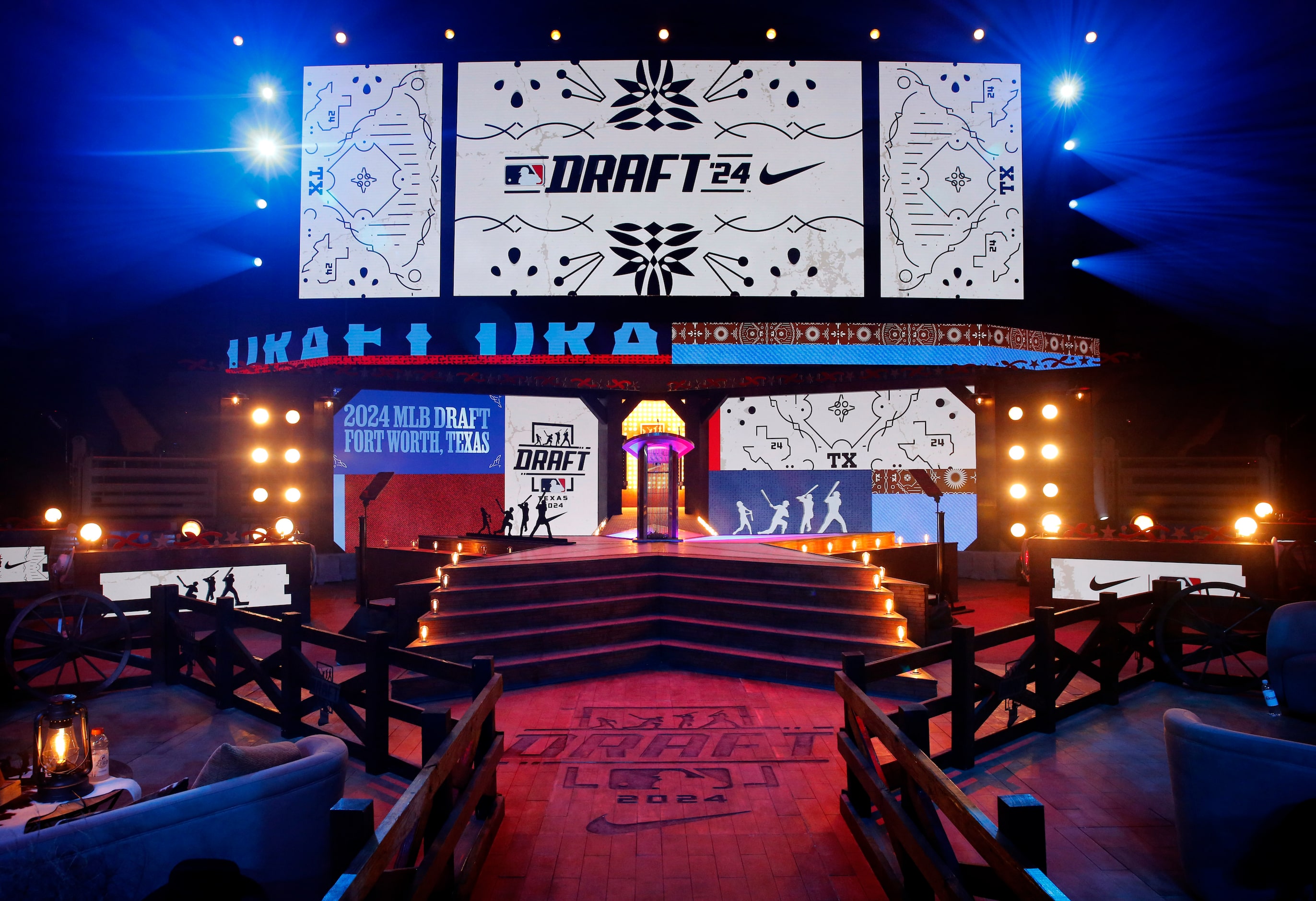 The MLB Draft stage and set as seen following Day 1 at the Cowtown Coliseum in Fort Worth,...