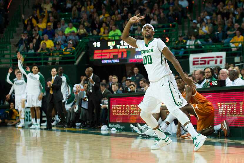 WACO, TX - JANUARY 31: Royce O'Neale #00 of the Baylor Bears celebrates after a made...