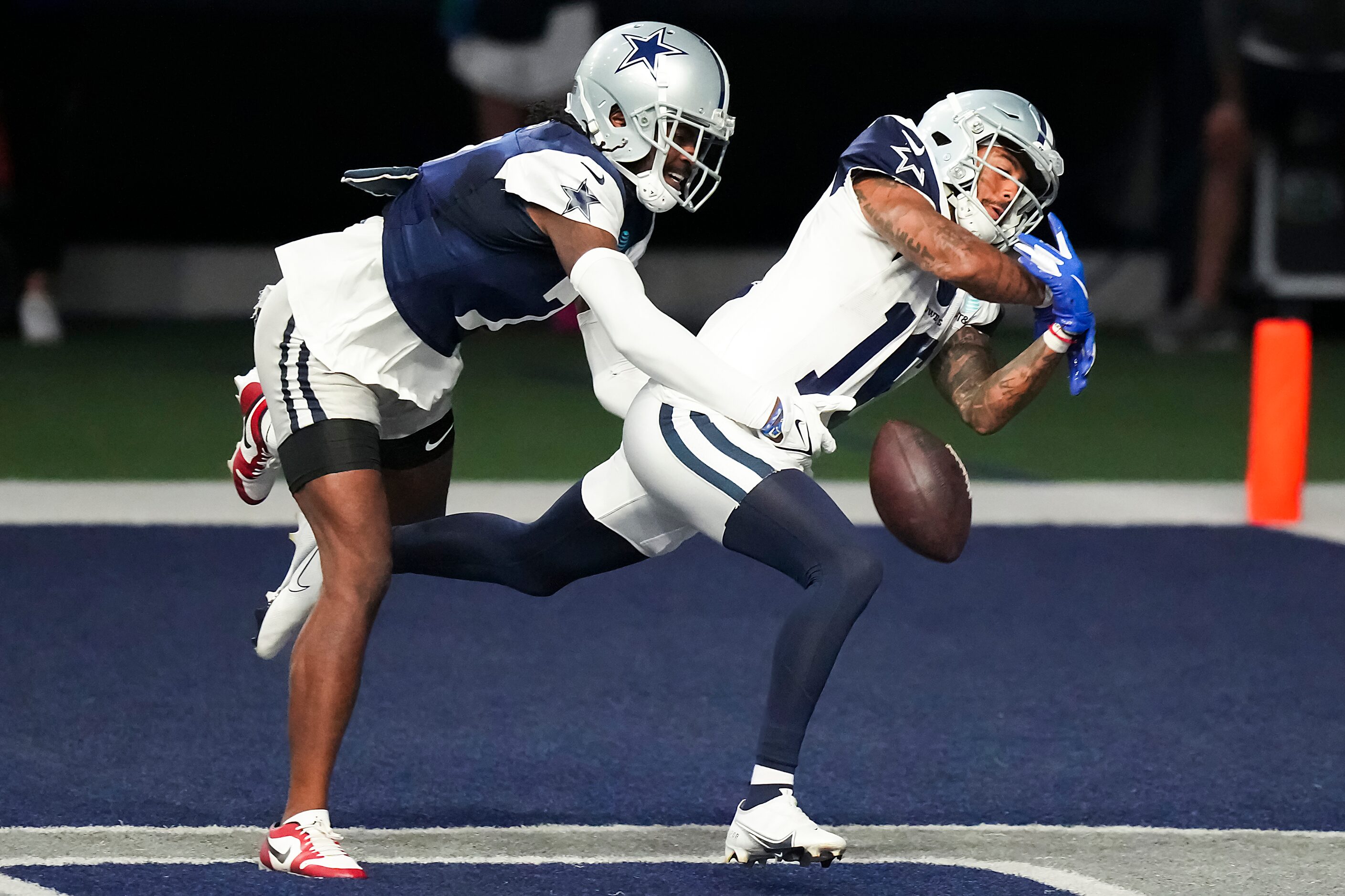 Dallas Cowboys cornerback Trevon Diggs (7) breaks up a pass intended for wide receiver Jalen...