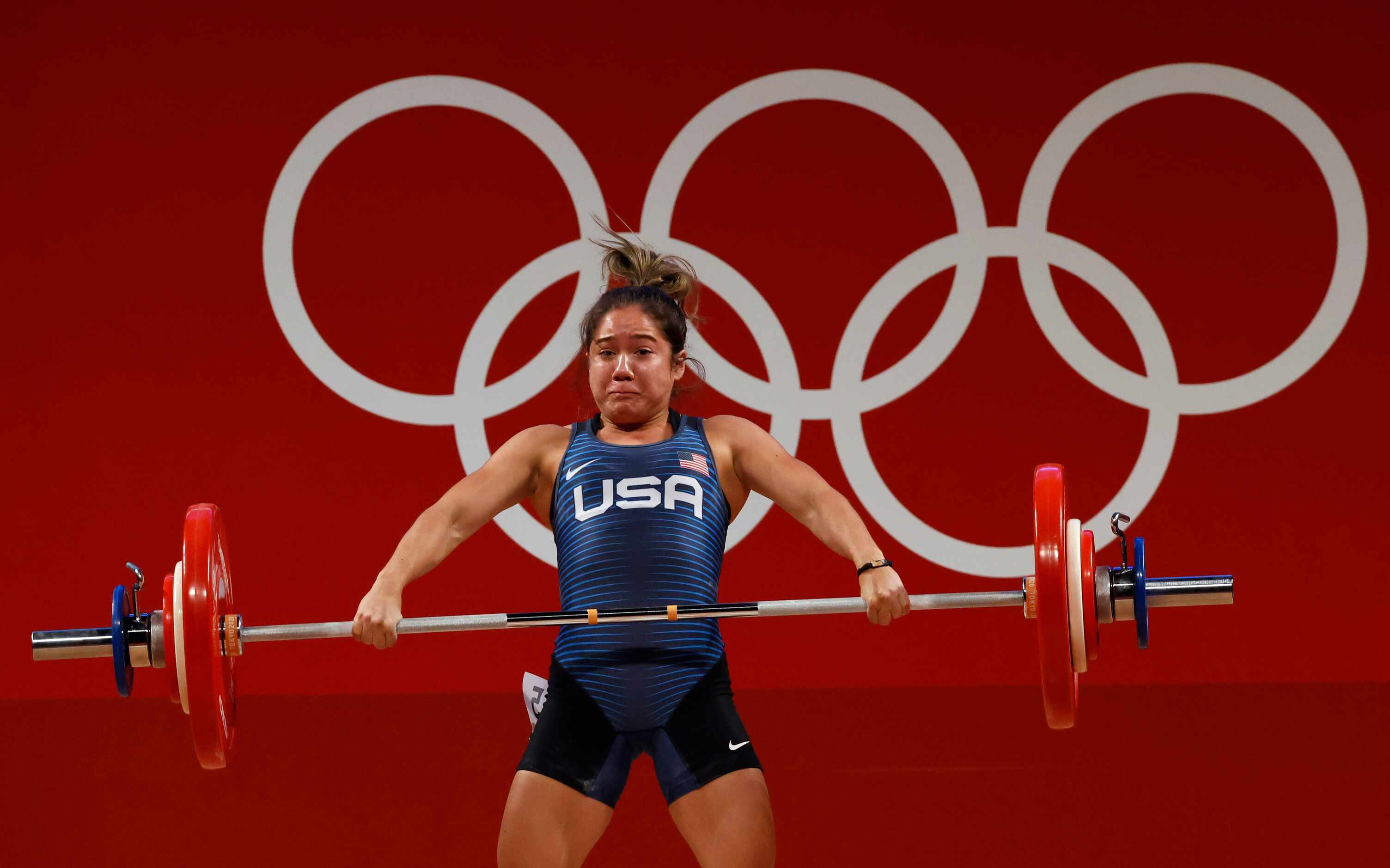 USA’s Jourdan Delacruz attempts to lift 89kg on her third attempt of the snatch round during...