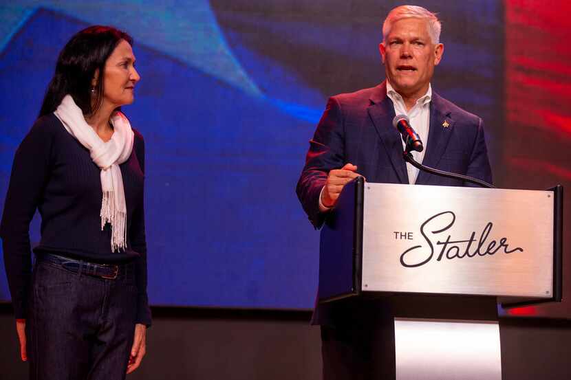 Congressman Pete Sessions concedes to Colin Allred as his wife, Karen Sessions, looks on...