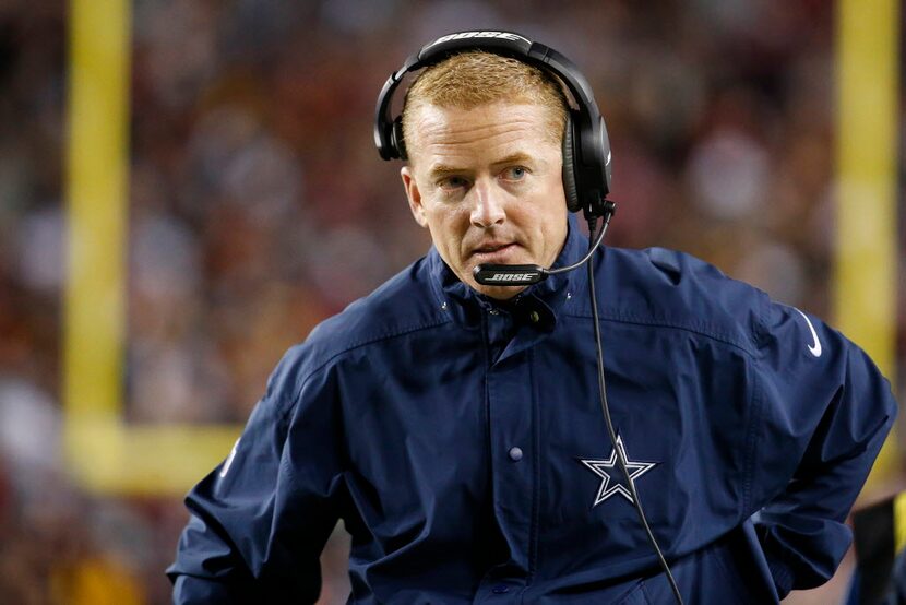 Dec 7, 2015; Landover, MD, USA; Dallas Cowboys head coach Jason Garrett stands on the...