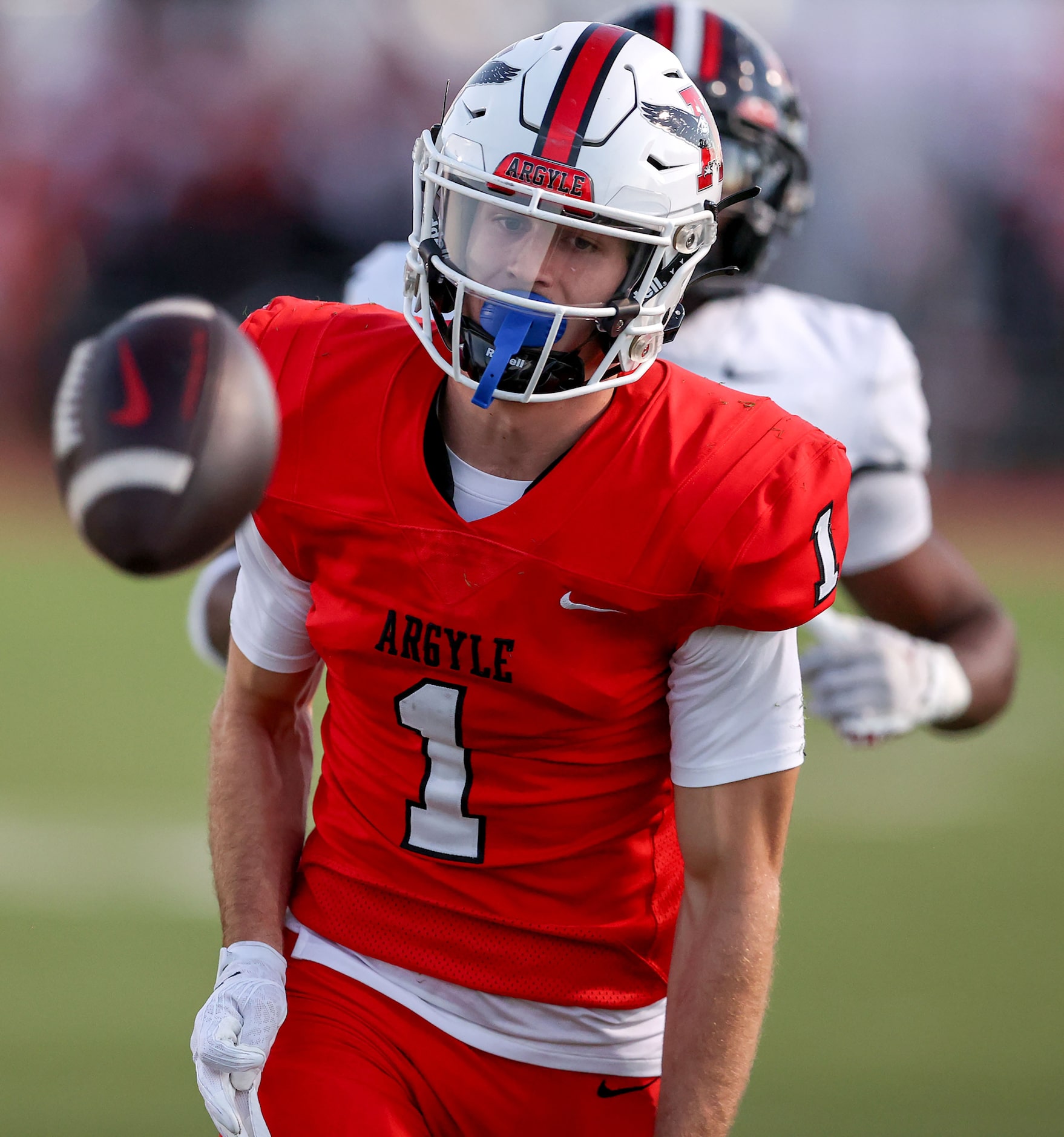 Argyle wide receiver Will Krzysaik (1) has a pass that is overthrown against Colleyville...