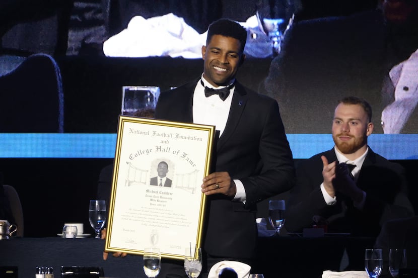 Former Texas Tech wide receiver Michael Crabtree during his HOF induction via National...