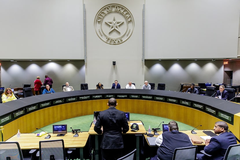 Dynell Lane speaks during the public comment section of the Dallas Community Police...