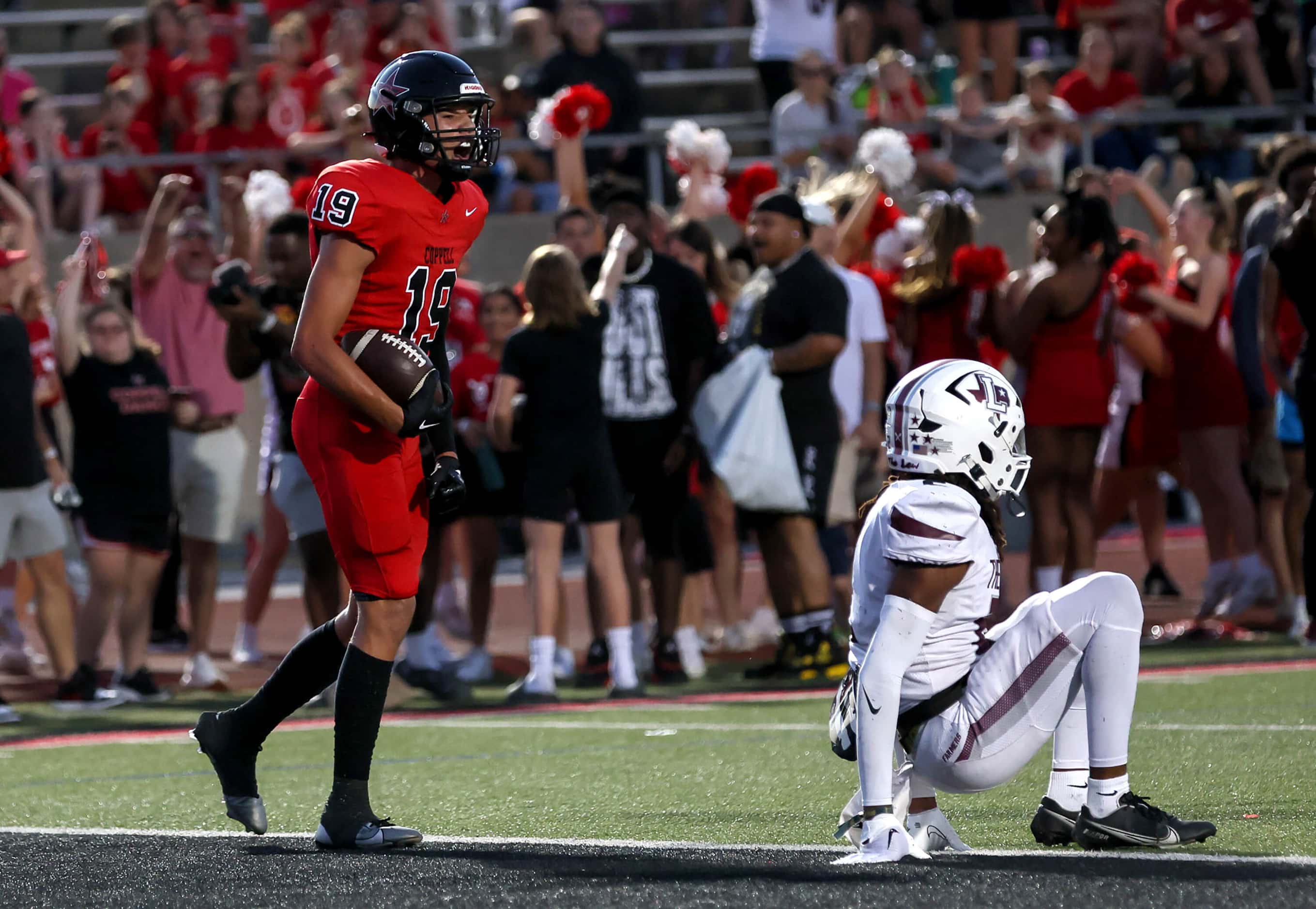 Coppell wide receiver Tucker Cusano (19) celebrates a touchdown reception against Lewisville...