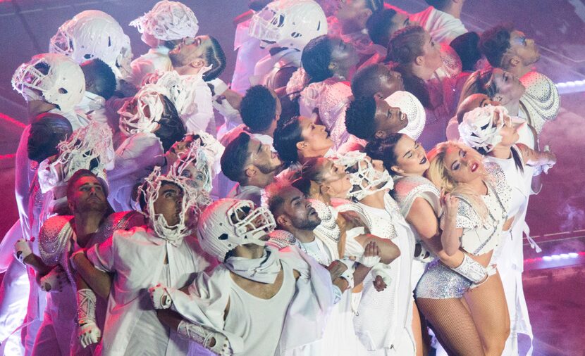 Lady Gaga performs during halftime of Super Bowl LI between the New England Patriots and the...