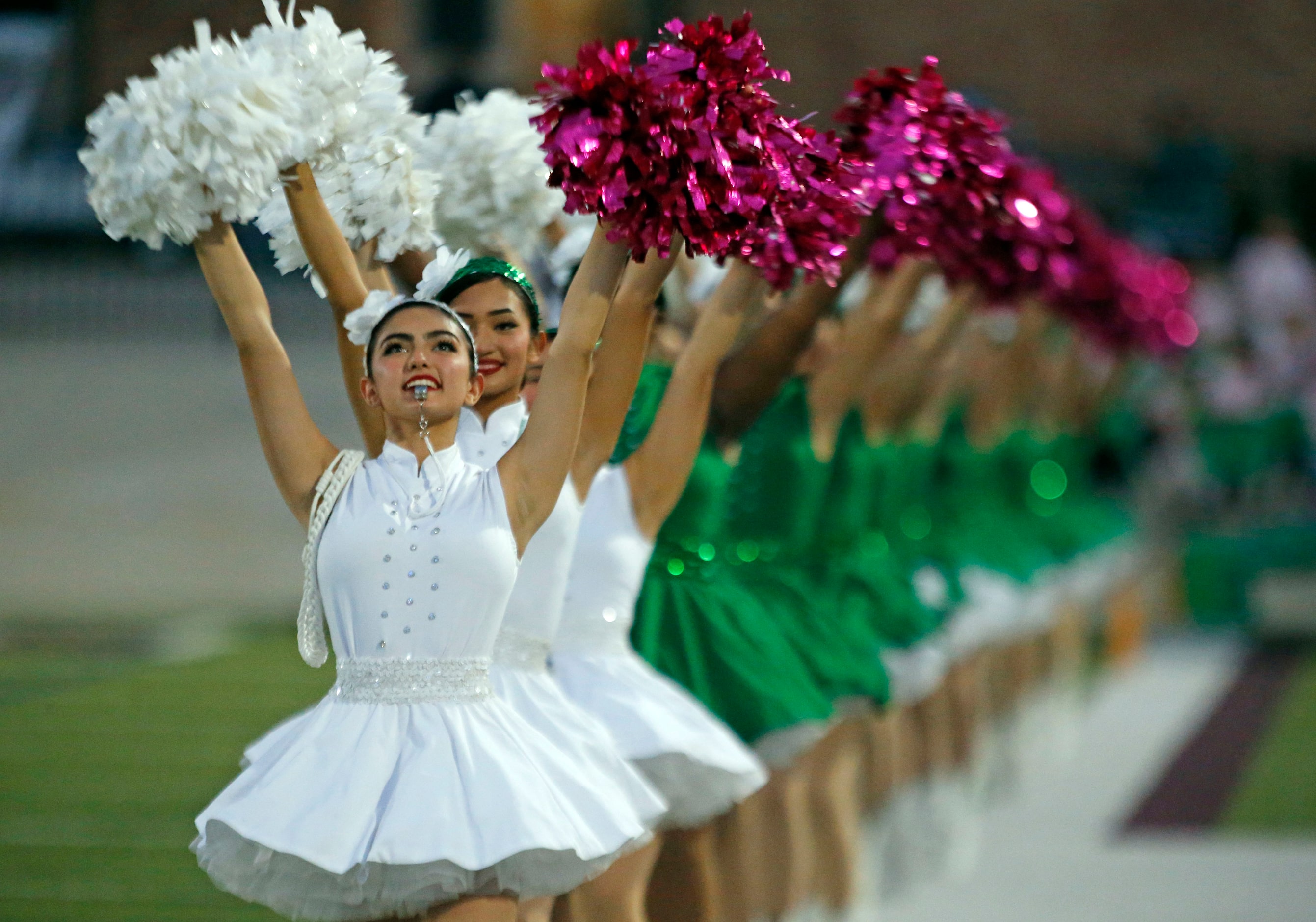 The Bryan Adams High drill team performs during the first half of a high school football...