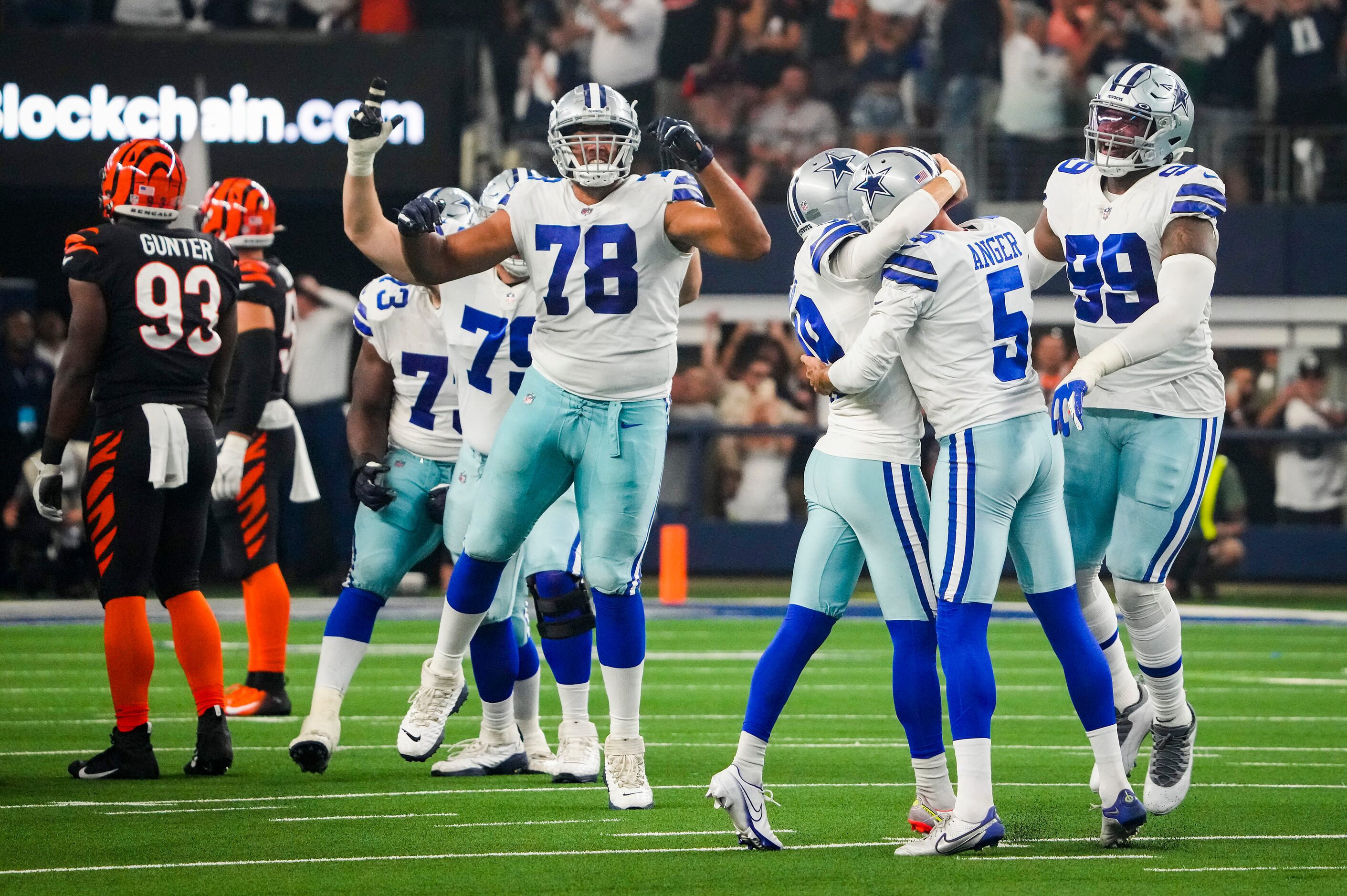 Dallas Cowboys place kicker Brett Maher (19) celebrates with punter Bryan Anger (5) after...