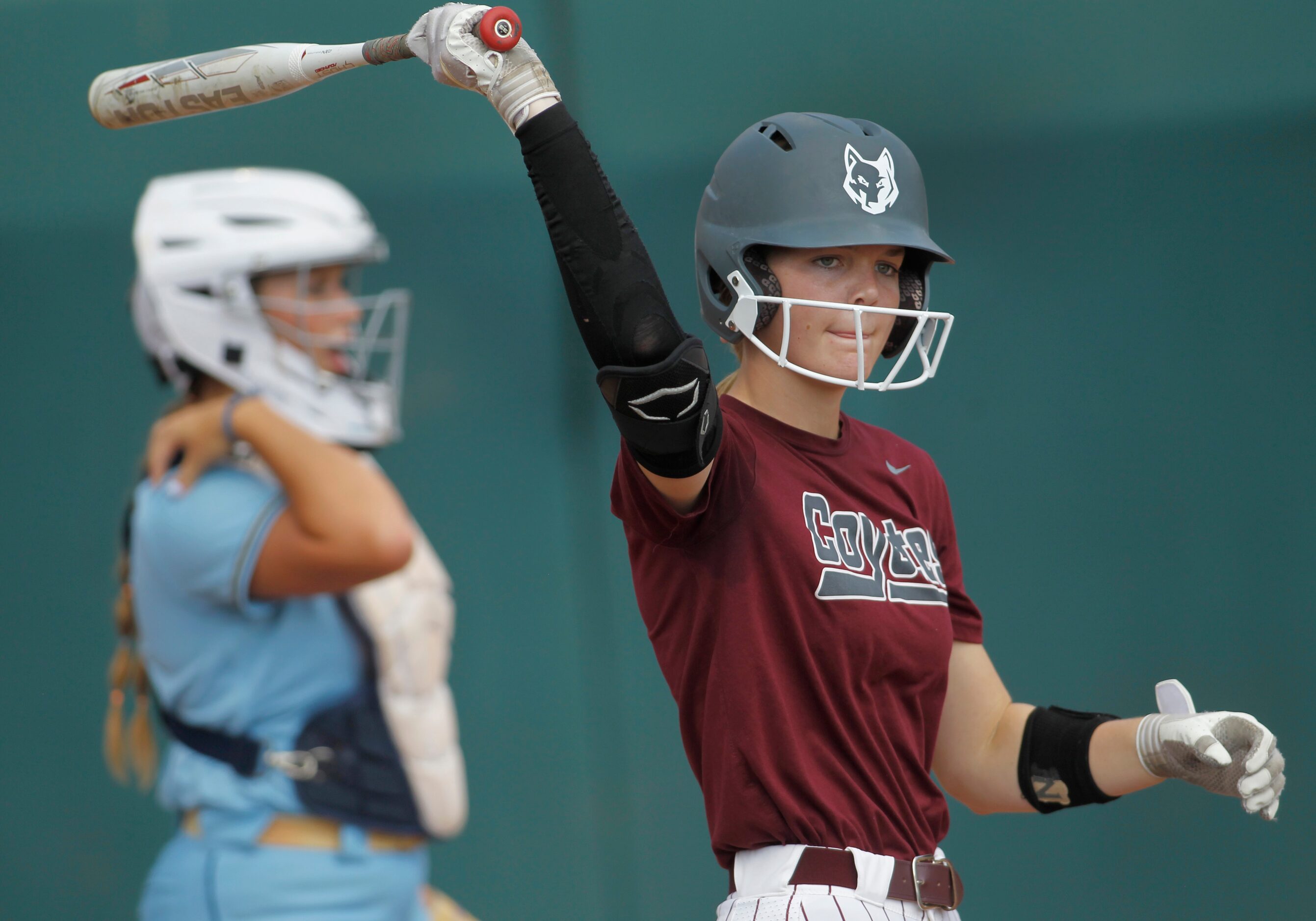 Frisco Heritage pitcher Jensin Hall (51) stretched before entering the batter's box as the...