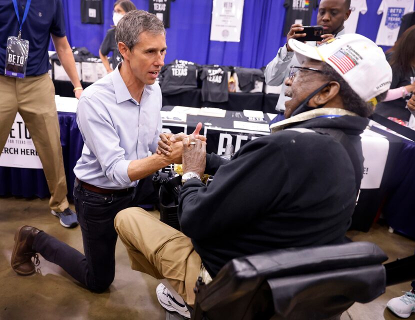 Democratic gubernatorial challenger Beto O'Rourke greets Vietnam War Army veteran Frank...